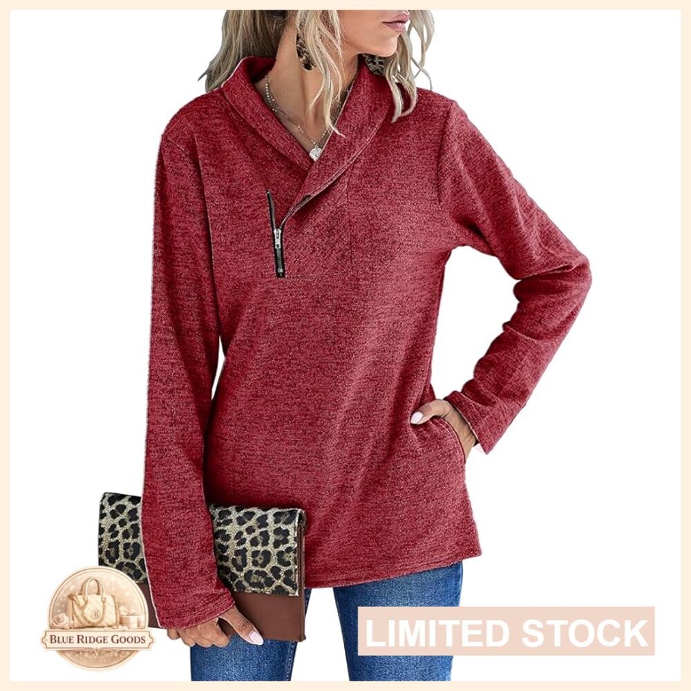 Quarter Zip Pullover Sweatshirt Long Sleeve Cowl Neck Pockets Chic Casual